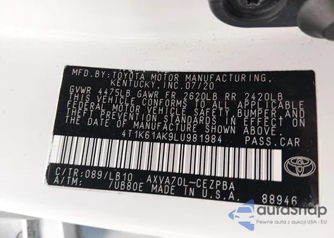 2020 Toyota Camry Xse z USA, uszkodzony, nr VIN 4T1K61AK9LU981984